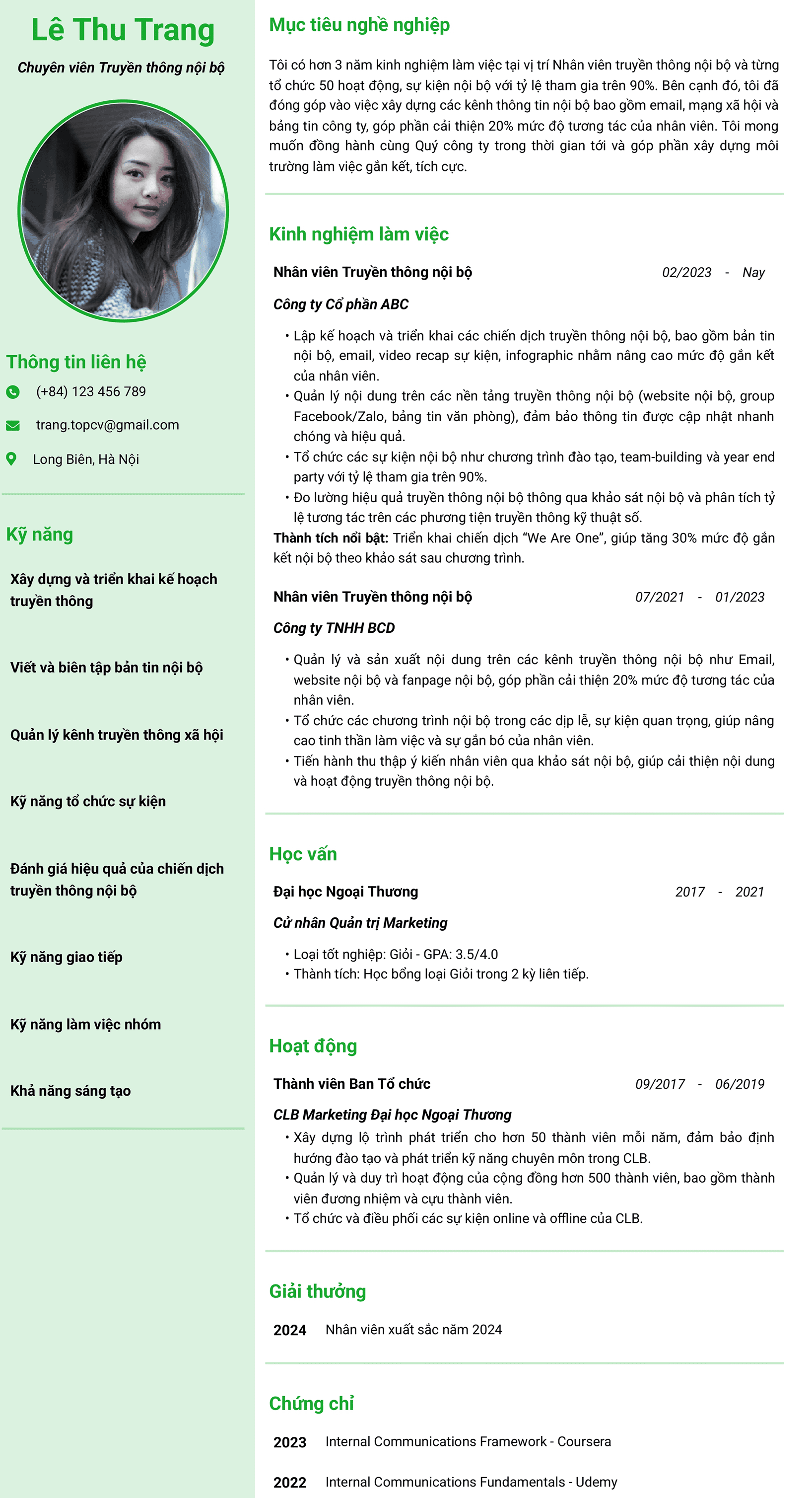 Mẫu CV Truyền thông nội bộ
